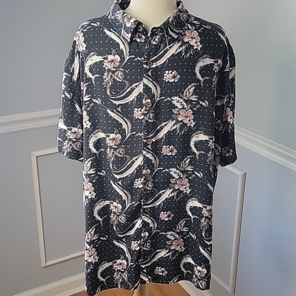 MARGARITAVILLE Black Pink Floral‎ Billfish Boho Short Sleeve Button Down Shirt